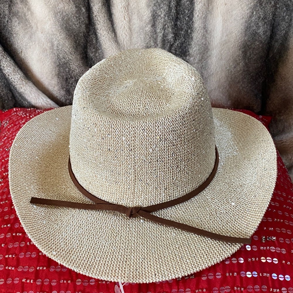 Designer Sparkling Nude Color Nude Sequins Cowboy Hat Adjustable Rim Interior - Picture 13 of 16